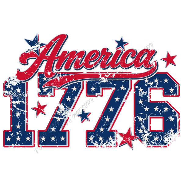 Red, white, and blue America 1776 patriotic design with stars and distressed texture, ready to press dtf transfer.