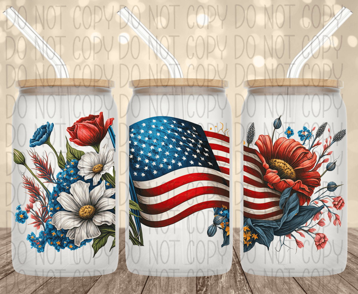 American Flag Floral 16 Oz Glass Can