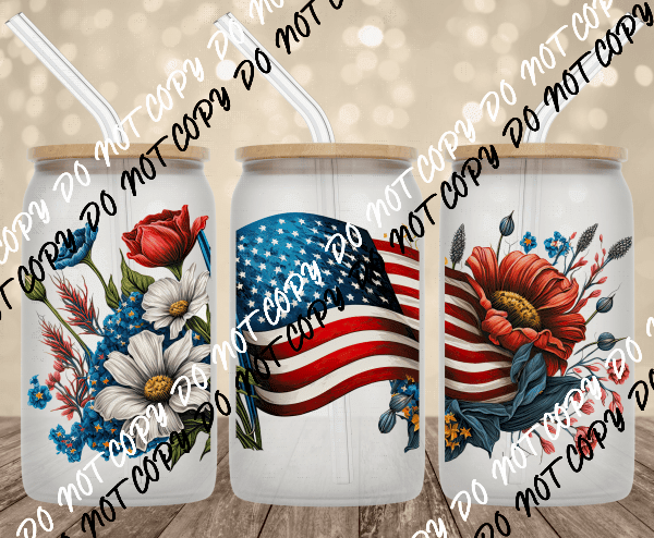 American Flag Floral UV Transfer for 16 oz Glass Can - We Print U Press DTF Transfers