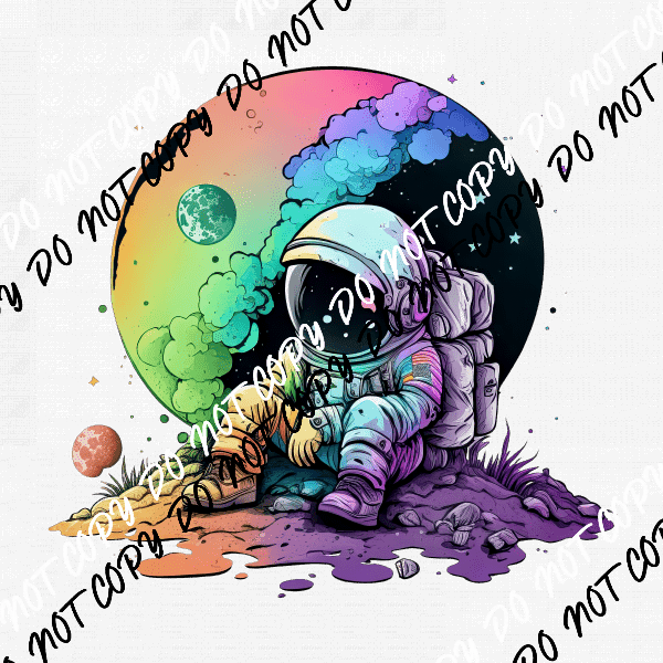 Astronaut Sitting with Colorful Moon Watercolor DTF Transfer - We Print U Press DTF Transfers