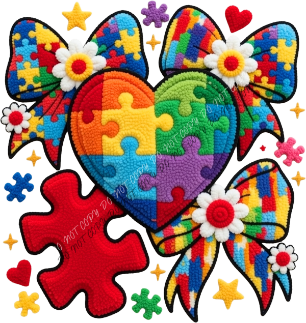 autism puzzle heart bow dtf transfer