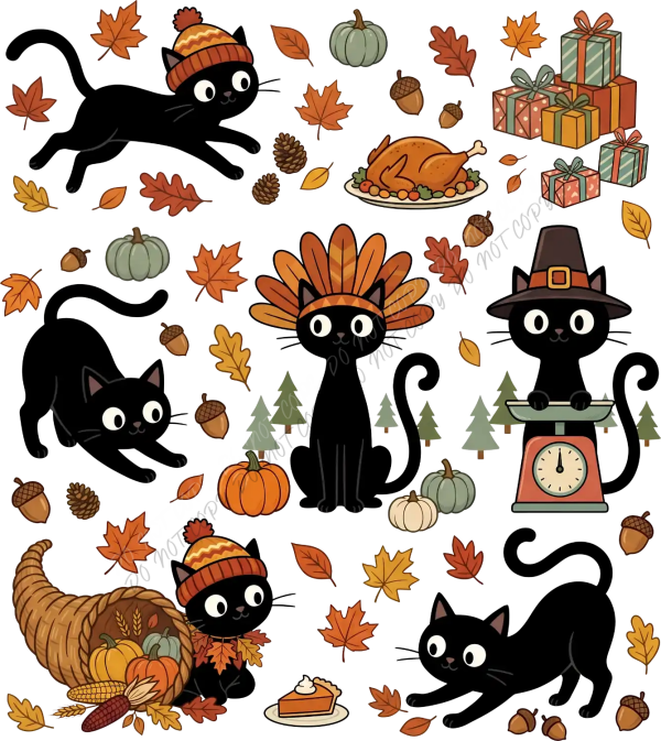 Collection of whimsical black cats in autumn poses with fall leaves, pumpkins, cornucopia, and holiday decor—ready to press dtf transfer.