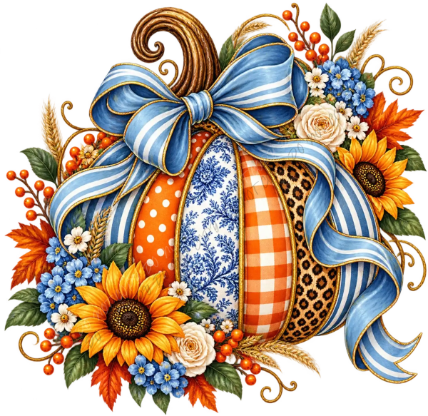 Colorful autumn harvest design with blue striped bow, sunflowers, and patterned ribbons ready to press dtf transfer