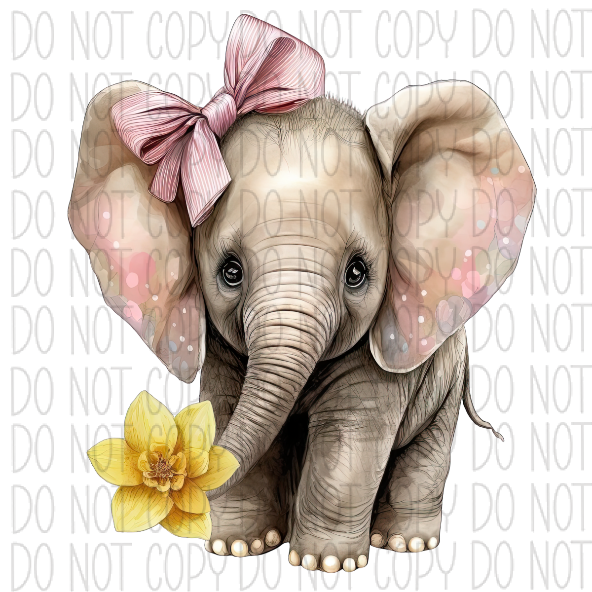 Baby Elephant With Pink Bow And Yellow Flower Watercolor Dtf Transfer