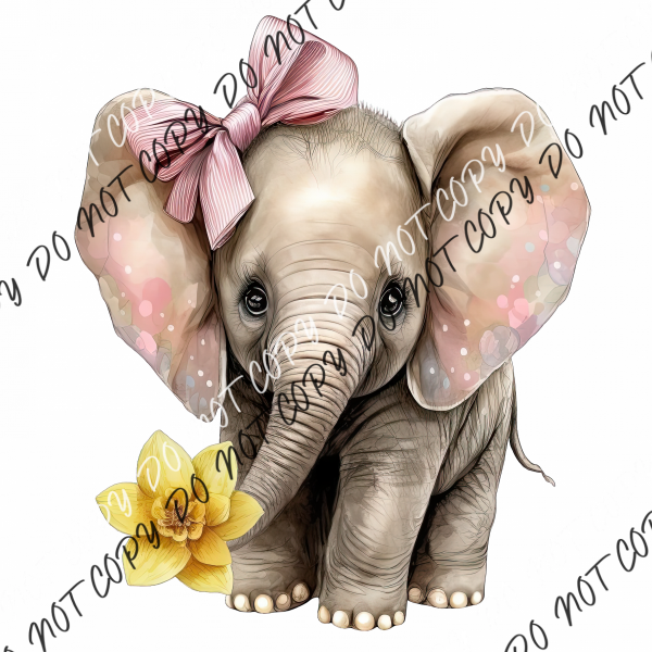 Baby Elephant With Pink Bow And Yellow Flower Watercolor Dtf Transfer