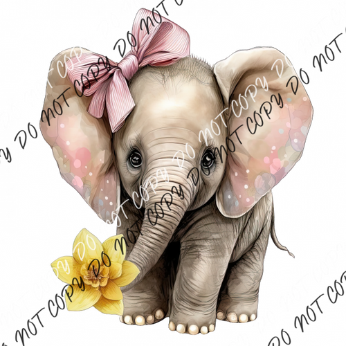 Baby Elephant With Pink Bow And Yellow Flower Watercolor Dtf Transfer