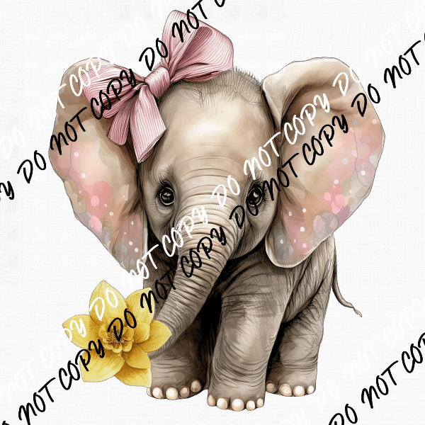 Baby Elephant with Pink Bow and Yellow Flower Watercolor DTF Transfer - We Print U Press DTF Transfers