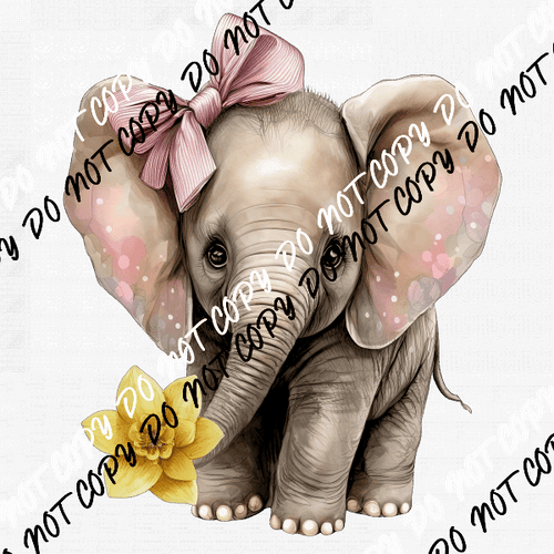 Baby Elephant with Pink Bow and Yellow Flower Watercolor DTF Transfer - We Print U Press DTF Transfers