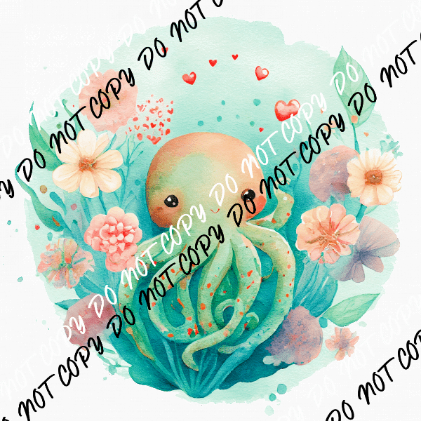 Baby Octopus Blue Green Watercolor DTF Transfer - We Print U Press DTF Transfers