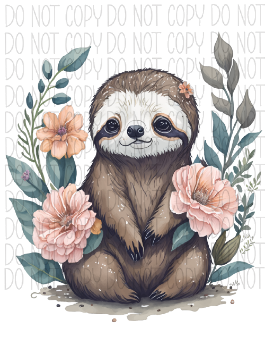 Baby Sloth With Flowers Dtf Transfer
