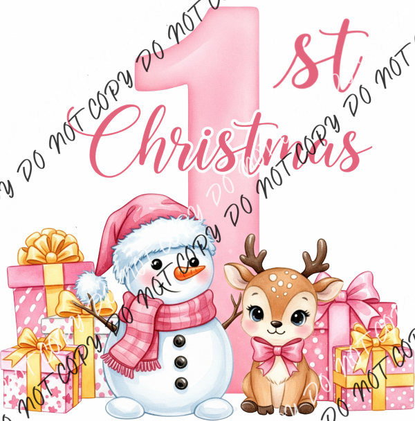 Baby’s 1st Christmas Pink Snowman and Reindeer DTF Transfer RTP DTF Transfers