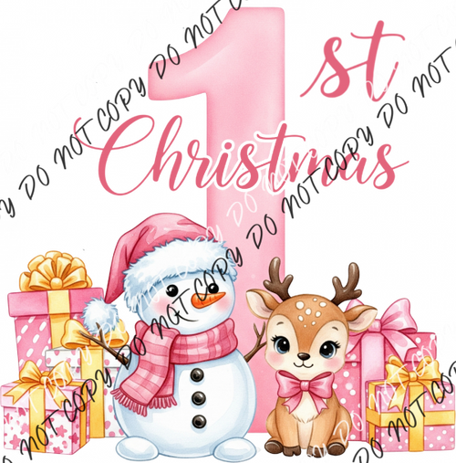Baby’s 1st Christmas Pink Snowman and Reindeer DTF Transfer RTP DTF Transfers