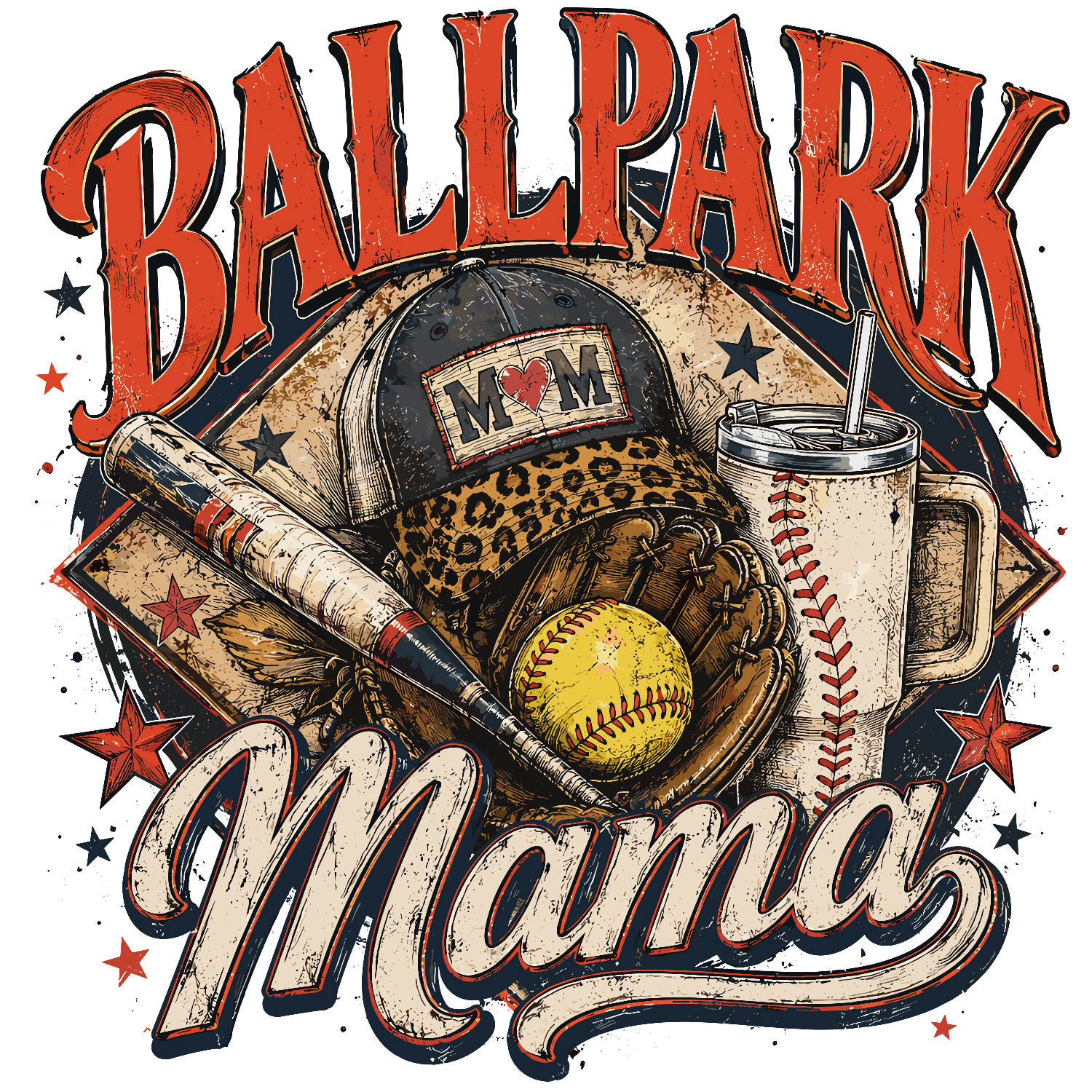 Vintage ballpark mama design with baseball glove, bat, yellow softball, leopard print cap, and beer mug - ready to press dtf transfer