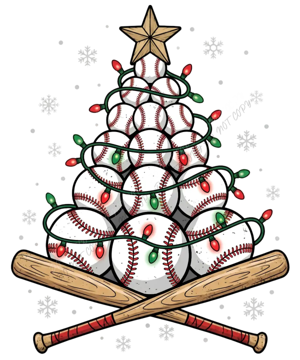 Baseball Christmas tree made of stacked baseballs with red and green holiday lights, ready to press dtf transfer