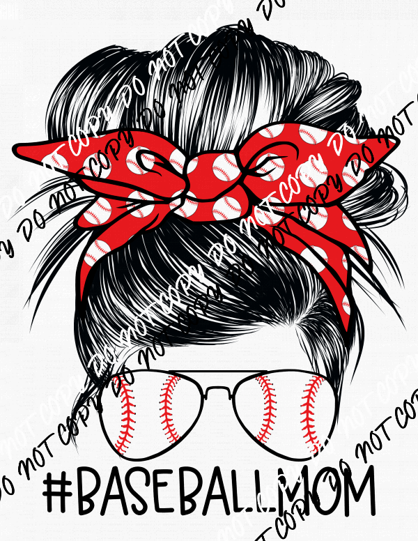 Baseball Mom Messy Bun Red and White DTF Transfer - We Print U Press DTF Transfers