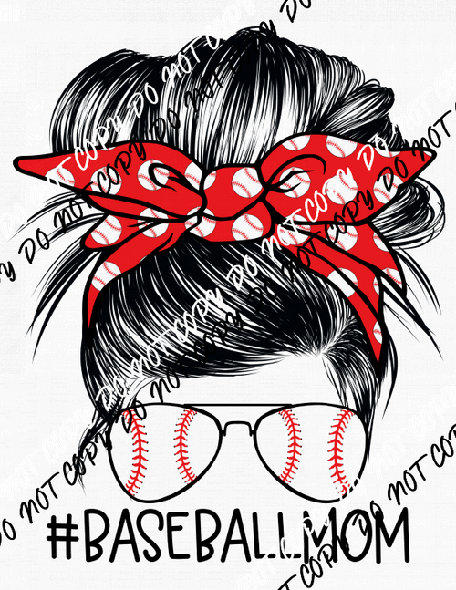 Baseball Mom Messy Bun Red and White DTF Transfer - We Print U Press DTF Transfers