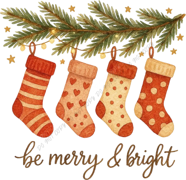 Four red and cream Christmas stockings with stripes, hearts, and polka dots hanging from evergreen garland with stars, ready to press dtf transfer
