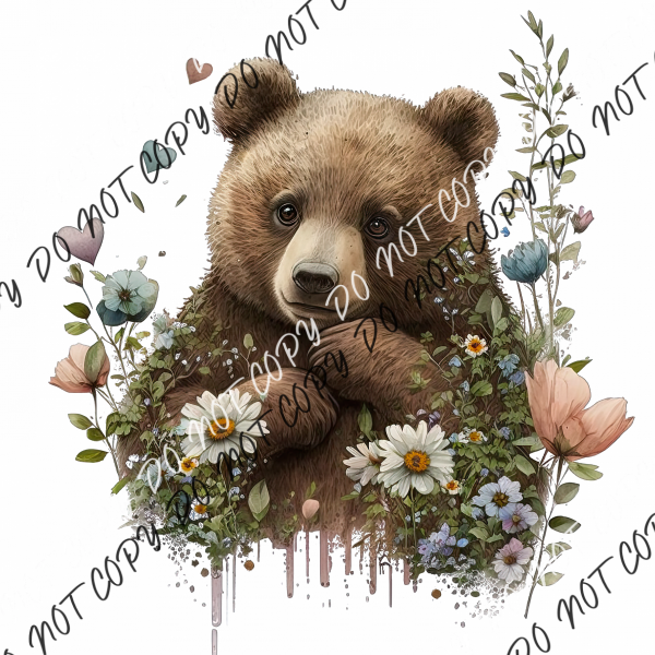 Bear Cute With Flowers Watercolor Dtf Transfer