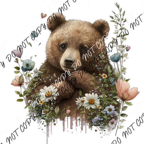 Bear Cute With Flowers Watercolor Dtf Transfer