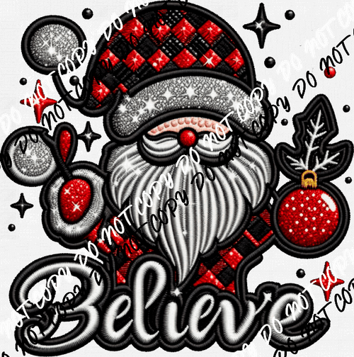 Believe Santa Checkered Faux Embroidery DTF Transfer - We Print U Press DTF Transfers