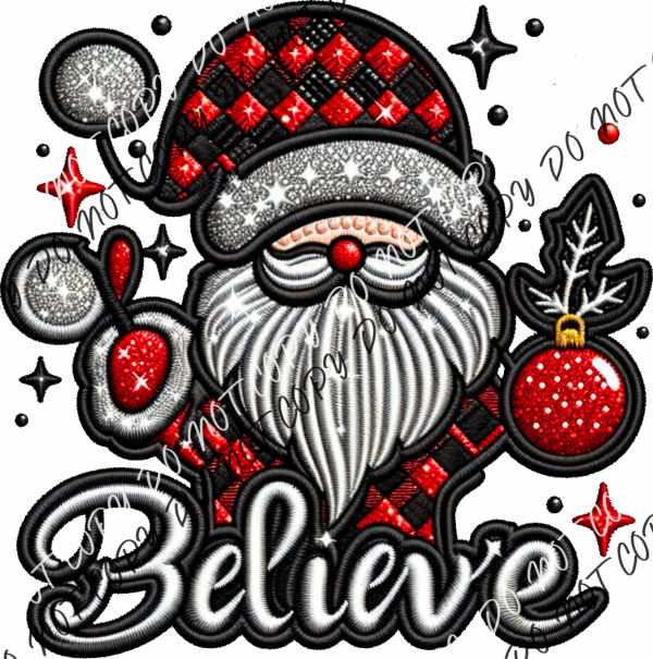 Believe Santa Checkered Faux Embroidery Dtf Transfer Rtp Transfers