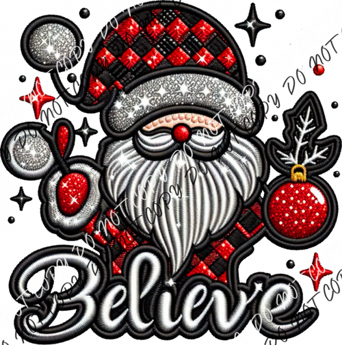 Believe Santa Checkered Faux Embroidery Dtf Transfer Rtp Transfers