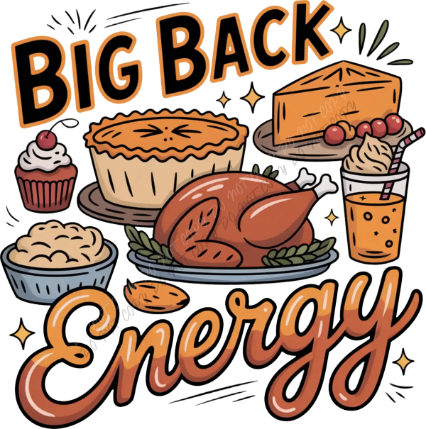 Colorful retro-style food illustration with turkey, pies, and cupcakes, ready to press dtf transfer