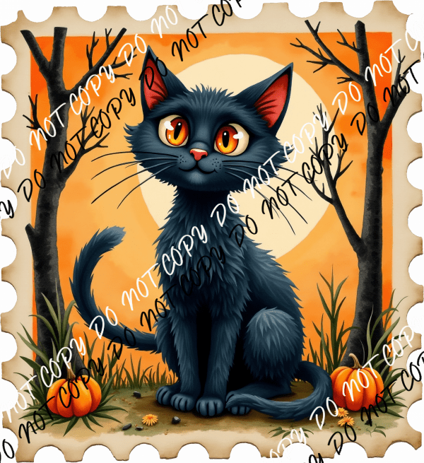 Black Cat Old Stamp DTF Transfer - We Print U Press DTF Transfers