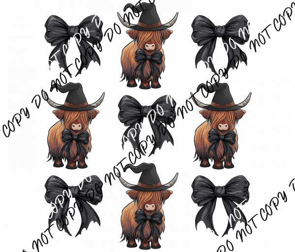 Black Coquette Bows & Witchy Highland Cow Grid DTF Transfer - We Print U Press DTF Transfers