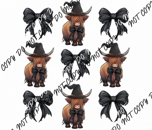 Black Coquette Bows & Witchy Highland Cow Grid DTF Transfer - We Print U Press DTF Transfers