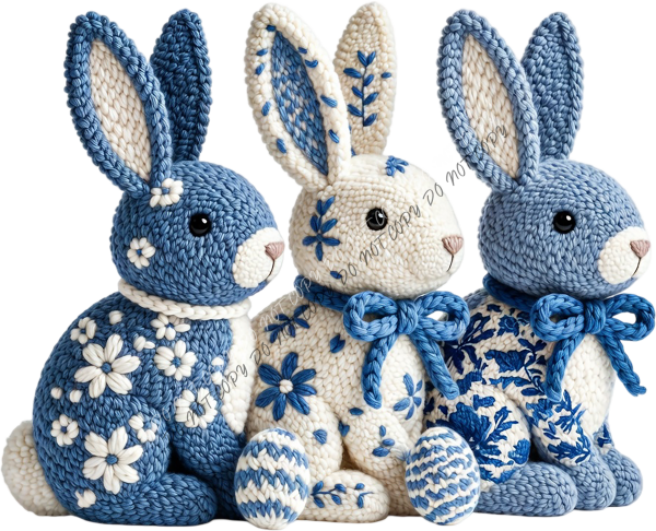 Blue Faux Yarn Easter Bunnies DTF Transfer RTP DTF Transfers