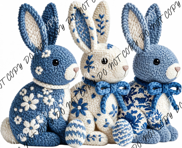 Blue Faux Yarn Easter Bunnies DTF Transfer RTP DTF Transfers