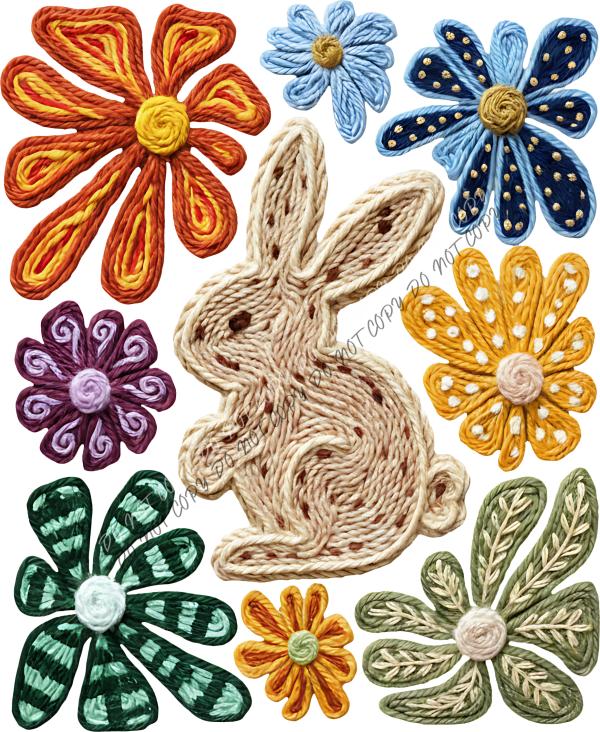 Boho Faux Yarn Bunny and Flowers DTF Transfer RTP DTF Transfers