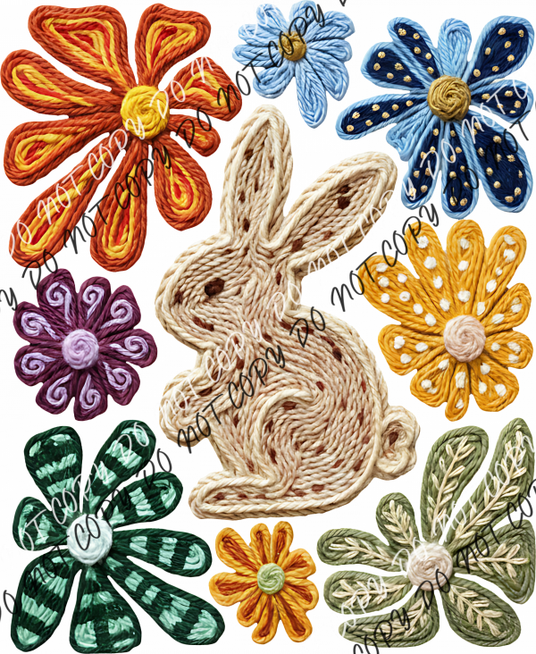Boho Faux Yarn Bunny and Flowers DTF Transfer RTP DTF Transfers