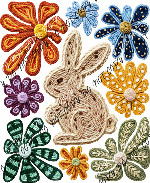Boho Faux Yarn Bunny and Flowers DTF Transfer RTP DTF Transfers