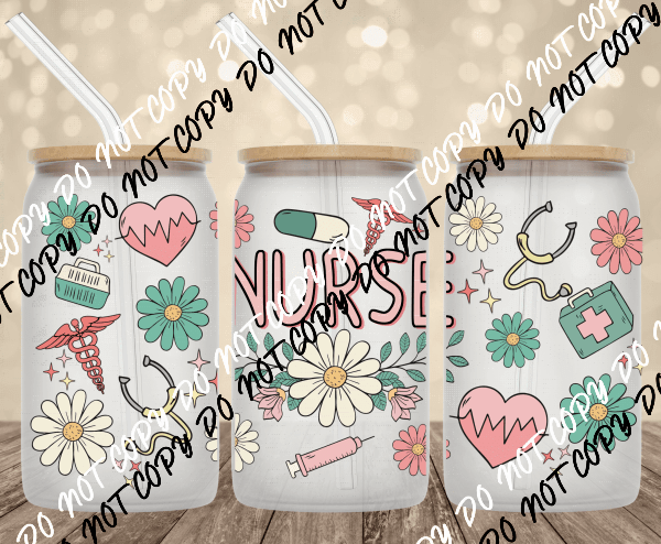 Boho Floral Nurse UV Transfer for 16 oz Glass Can - We Print U Press DTF Transfers