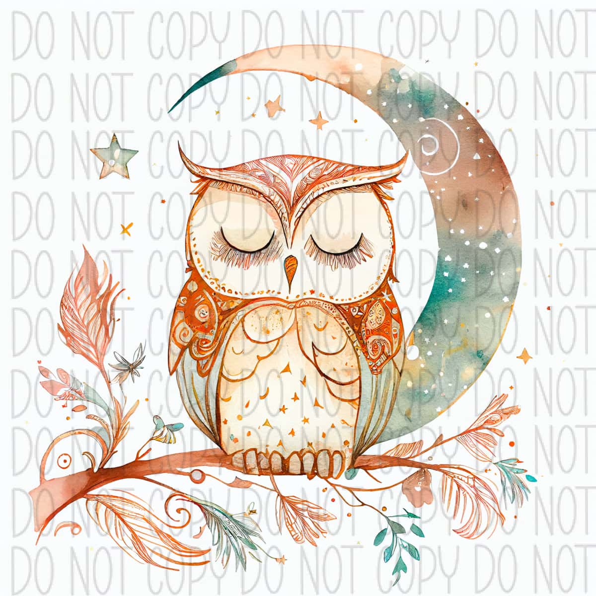 Boho Moon Owl Watercolor Dtf Transfer