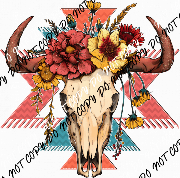 Boho Skull Aztec Background with Flowers DTF Transfer - We Print U Press DTF Transfers
