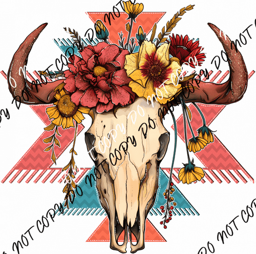 Boho Skull Aztec Background with Flowers DTF Transfer - We Print U Press DTF Transfers