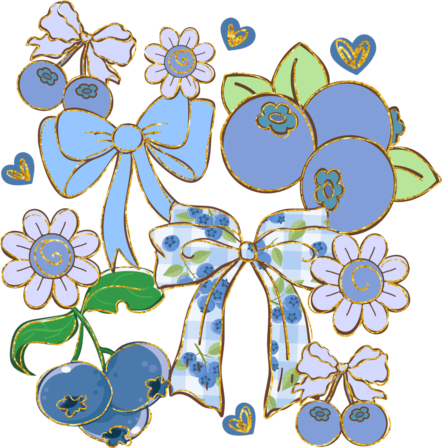 Blueberry floral bow design with daisies and hearts ready to press dtf transfer in blue, lavender, and green tones