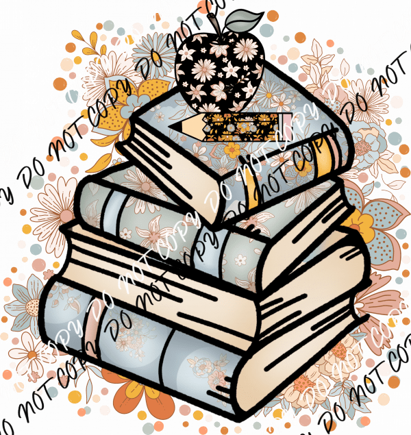 Book Stack Pastel Floral DTF Transfer - We Print U Press DTF Transfers