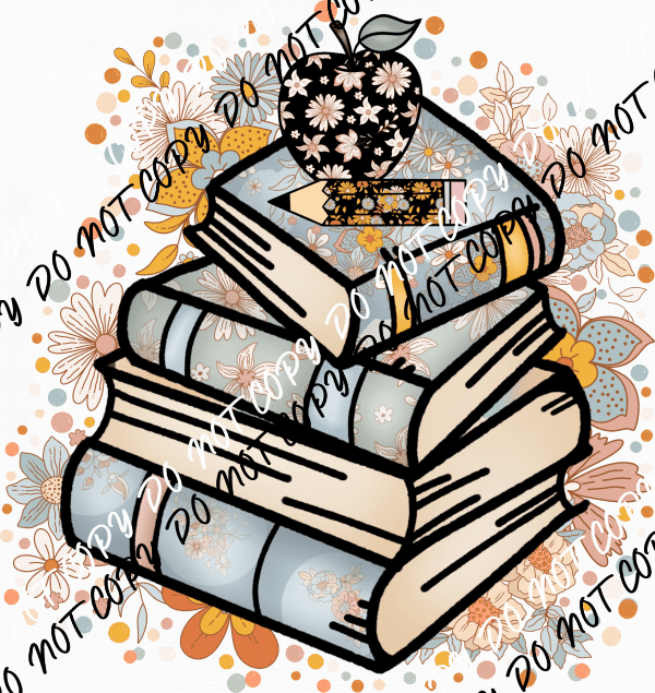 Book Stack Pastel Floral DTF Transfer - We Print U Press DTF Transfers