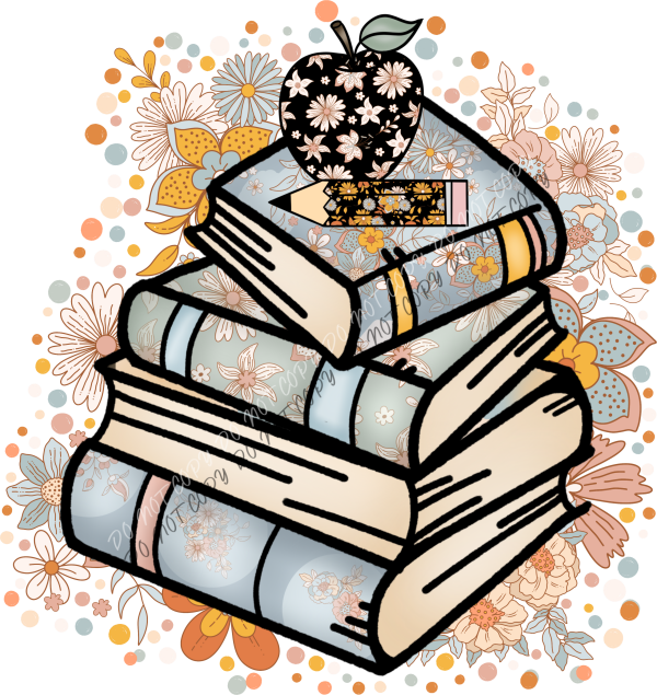 Book Stack Pastel Floral DTF Transfer RTP DTF Transfers