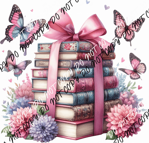 Book Stack with Butterflies and Flowers DTF Transfer - We Print U Press DTF Transfers