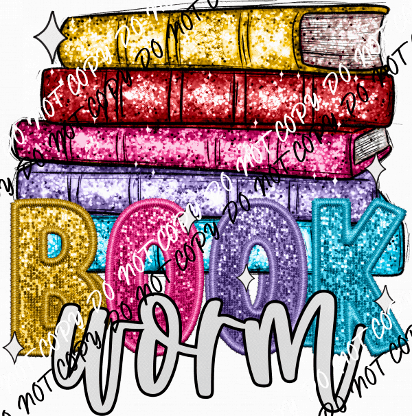 Book Worm Book Stack faux sequin and embroidery DTF Transfer - We Print U Press DTF Transfers