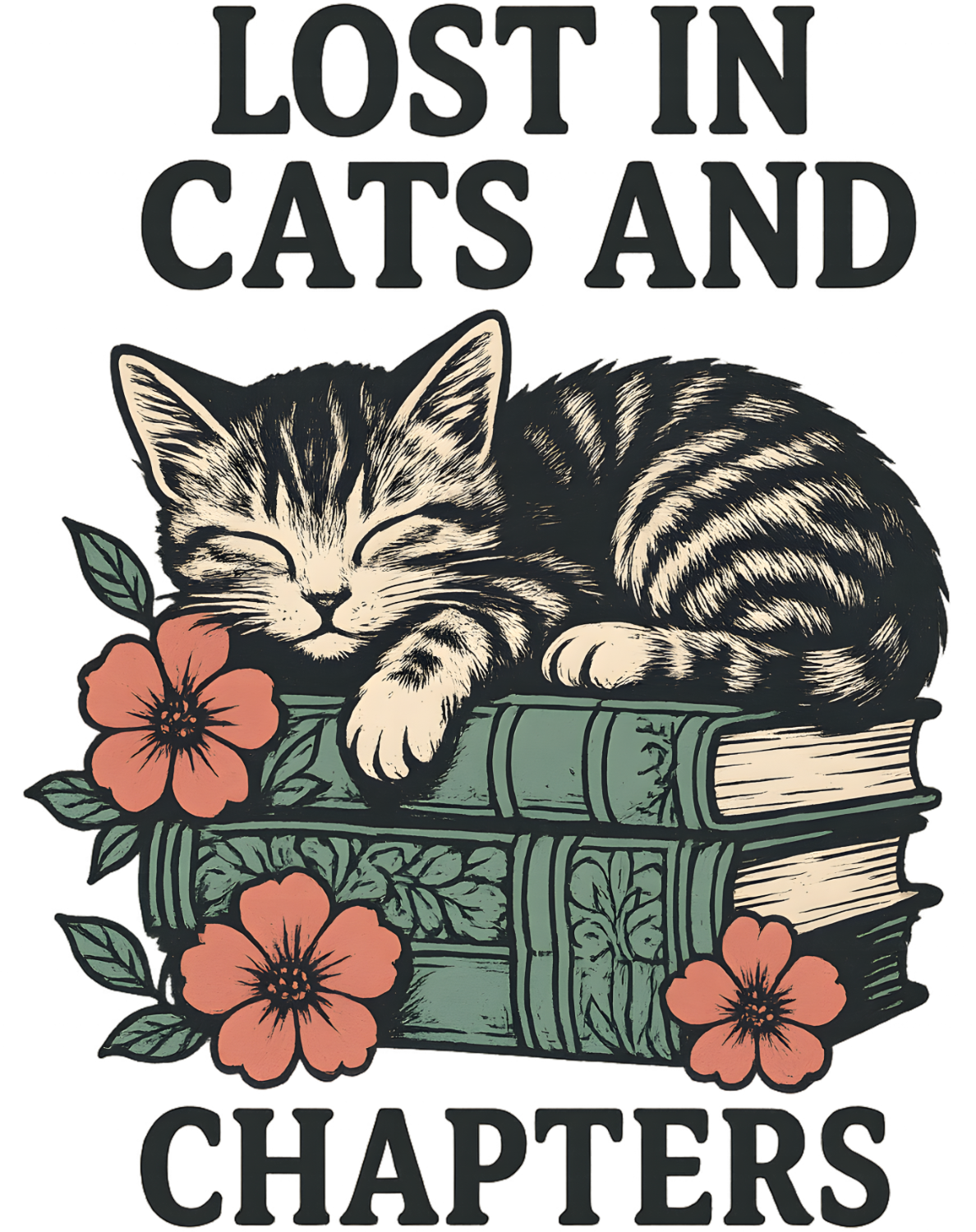Tabby cat sleeping on stacked green books with coral flowers, ready to press DTF transfer design