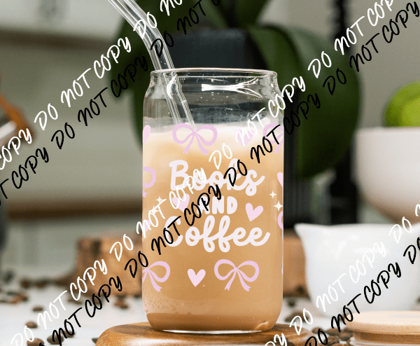 Books and Coffee UV Transfer for 16 oz Glass Can - We Print U Press DTF Transfers