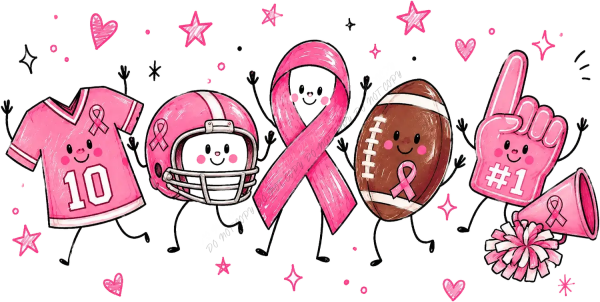 Cartoon characters in pink holding football, foam finger, and ribbon symbol, ready to press dtf transfer