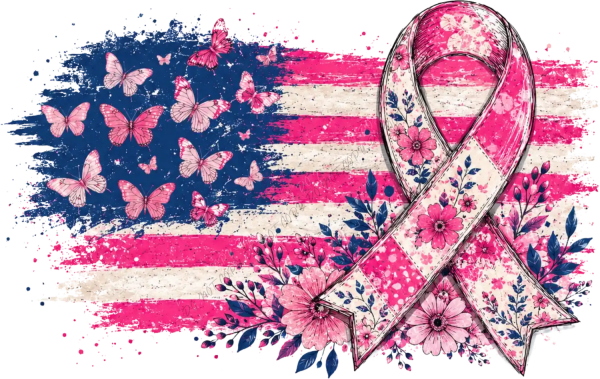 American flag with pink ribbons, butterflies, and flowers, ready to press dtf transfer design