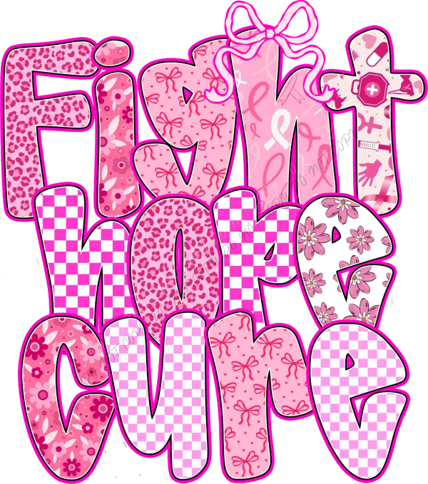 Vibrant pink breast cancer awareness ready to press dtf transfer with ribbons, bows, and hope messaging in bold typography.